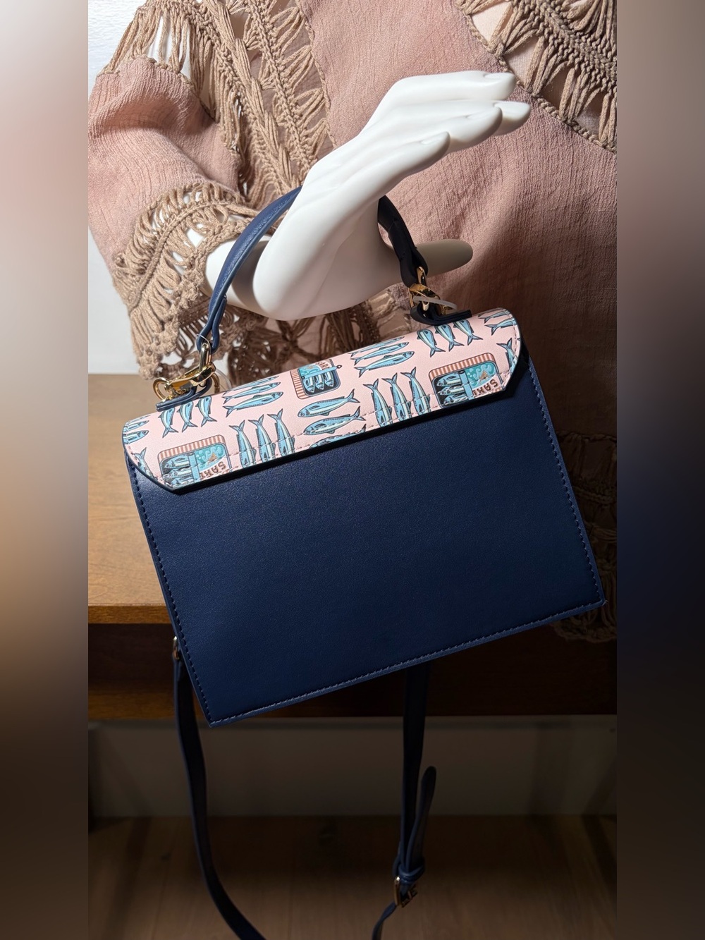 Betsey Johnson SARDINE BAG Pink & Navy Fish-Print Crossbody Satchel - Picture 10 of 15
